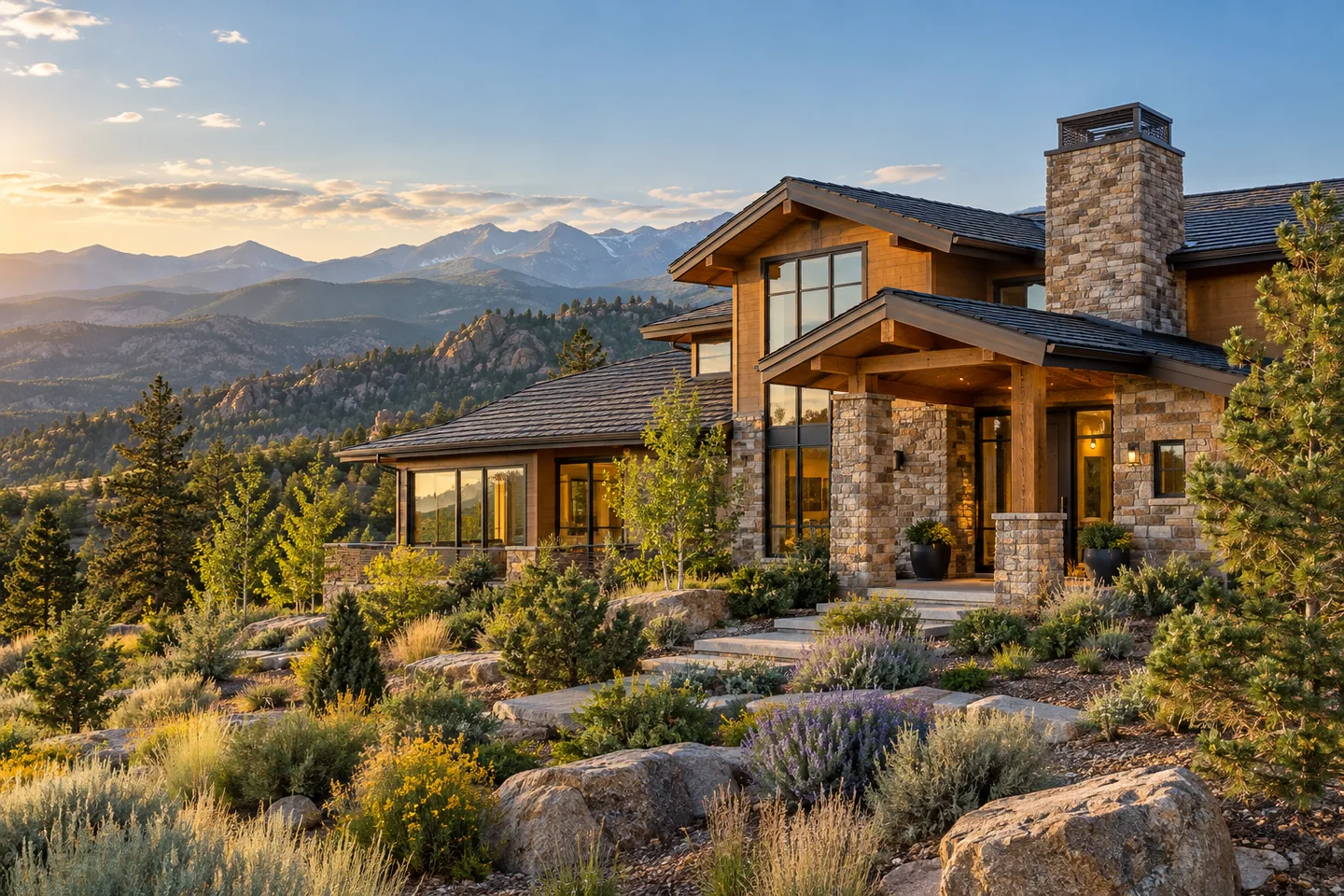 Illustrative Colorado foothills home with stone and timber details, open space and a distant mountain ridgeline