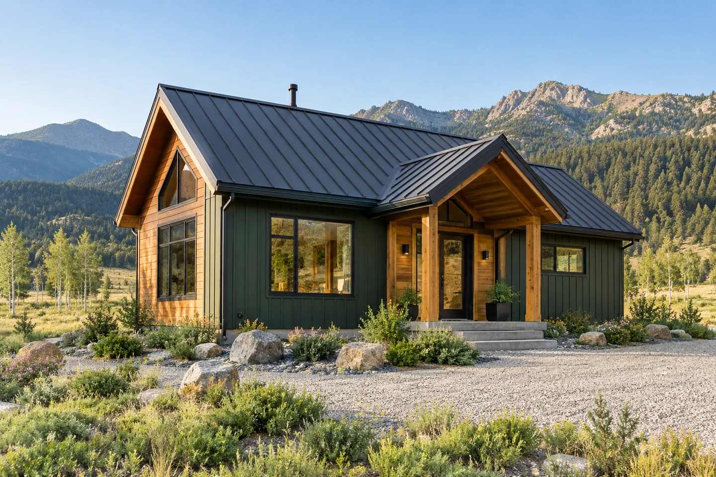 Illustrative Colorado mountain cabin with a meadow and distant peaks